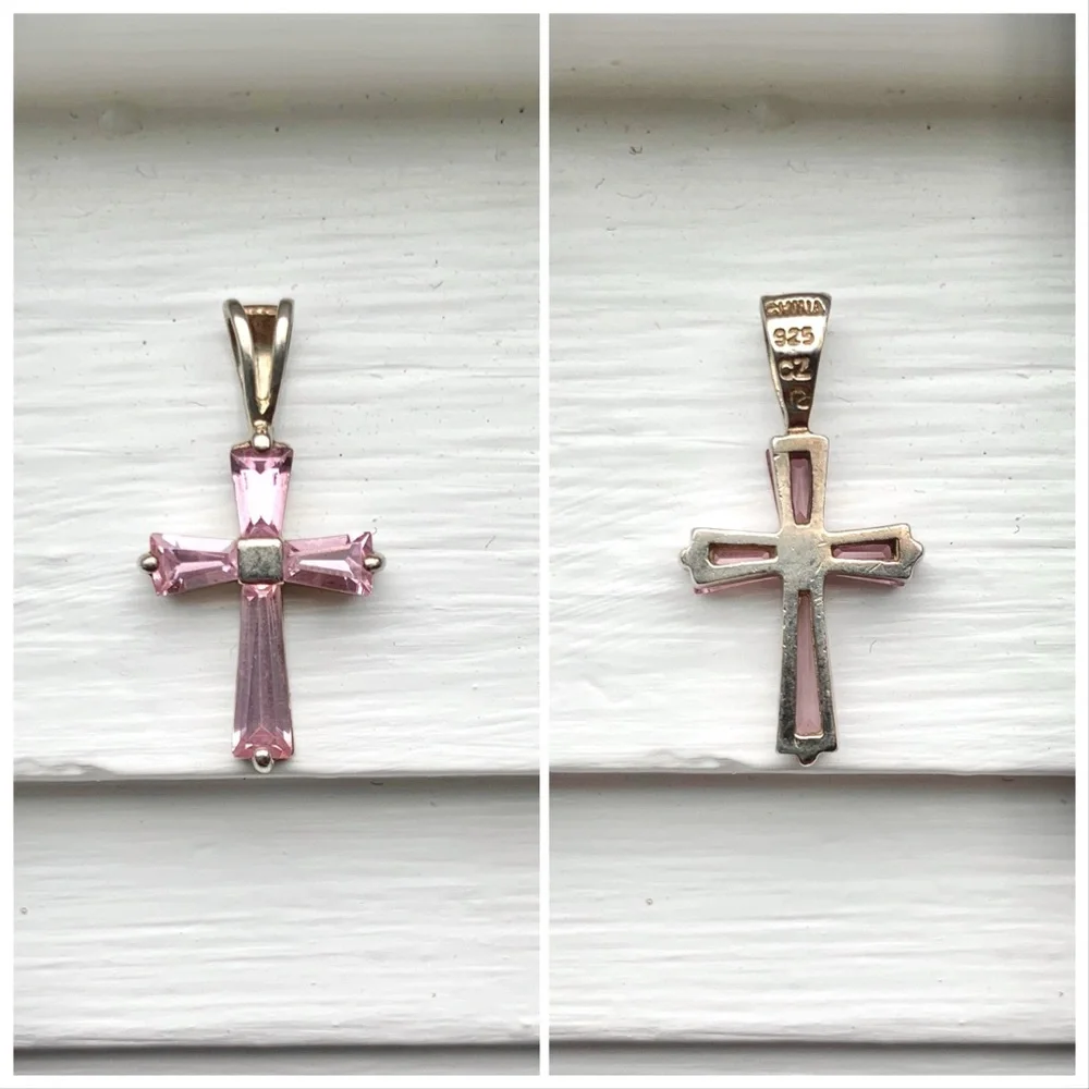 sterling silver 925 cross pink baguette cubic zirconia pendant